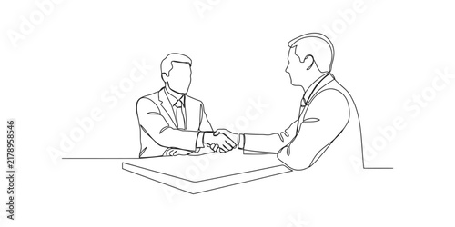 Two business men shaking hands in a meeting continuous line drawing