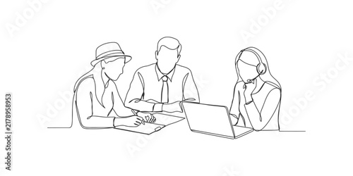 Business people meeting with laptop in a office office setting line art illustration