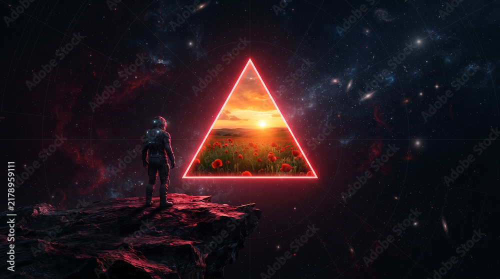 Fototapeta premium Astronaut in space observes idyllic poppy field through glowing triangle portal