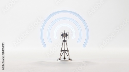 3D telecommunications tower with digital wireless signal waves on white background