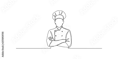 Continuous single line drawing of a professional chef wearing a hat with arms crossed