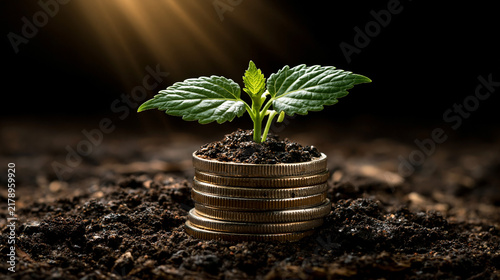 Plant growing from coins in soil represents financial growth and investment