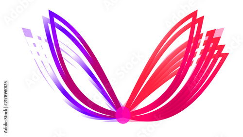 Butterfly shape formed by curved purple and red graphic lines on white.