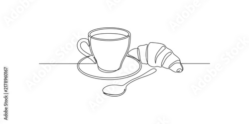 Continuous single line drawing of a cup of coffee with a croissant and a spoon