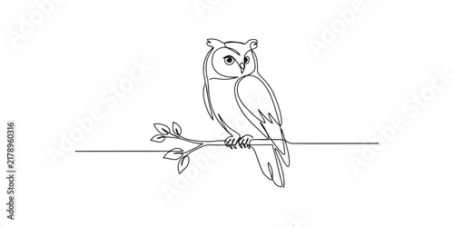 Continuous single line drawing of an owl sitting on a tree branch