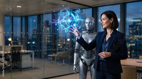Professional businesswoman interacting with a glowing digital AI hologram interface in a modern office at night, showcasing advanced artificial intelligence.