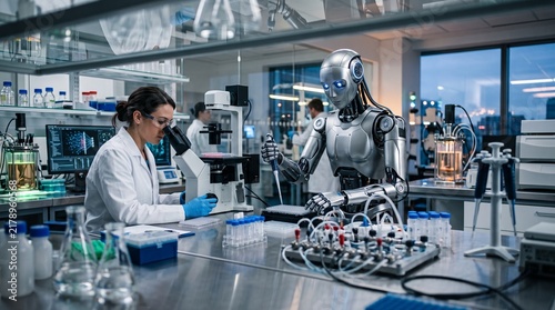Scientist working with a humanoid robot in a high-tech laboratory, conducting scientific research with microscopes and automated liquid handling equipment.