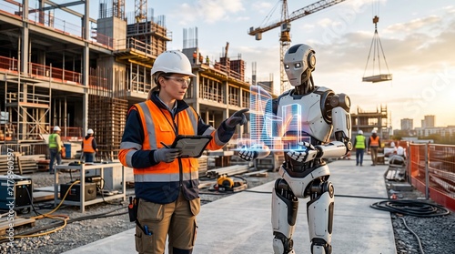 A female construction engineer in safety gear reviewing a 3D hologram of a building project with an advanced AI robot on a busy construction site at sunset.