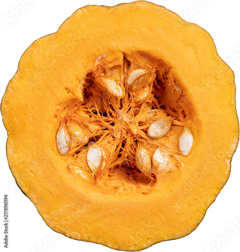 Konstfotografi Macro top down view of cut Kabocha pumpkin inside showing seeds, pulp and flesh,