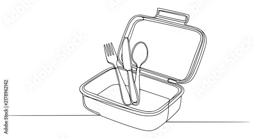 Foto Open lunch box with cutlery, isolated one line drawing
