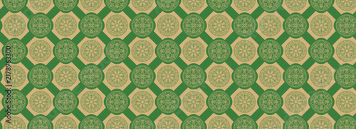 seamless repeating pattern of ornate golden circular mandala emblems interconnected by subtle, thin geometric line work. background ilustration