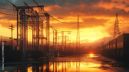 Industrial factory with smoke at sunset