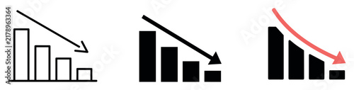 Photography Downward Trend Icons: A set of three minimalist icons representing a downward trend, with bars decreasing in height and an arrow indicating a decline