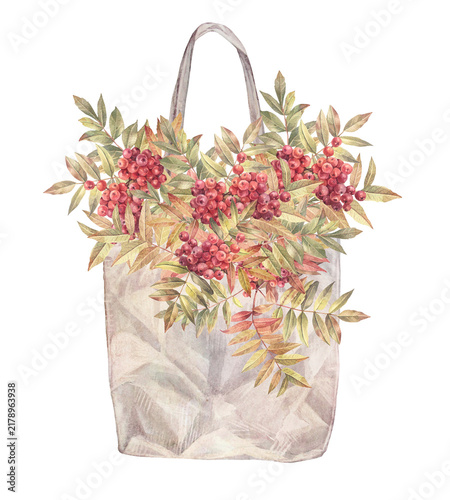 Watercolor autumn bouquet with branch ashberry with leaves and red berry in bag isolated on white background. Forest nature plant with foliage. Clipart with rowan for card or wallpaper and wrapping