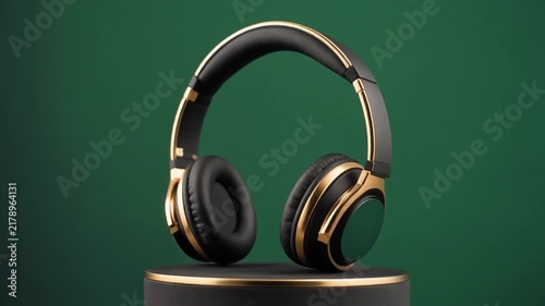 Rotating premium wireless gold and black headphones displayed in smooth motion studio product video animation loop