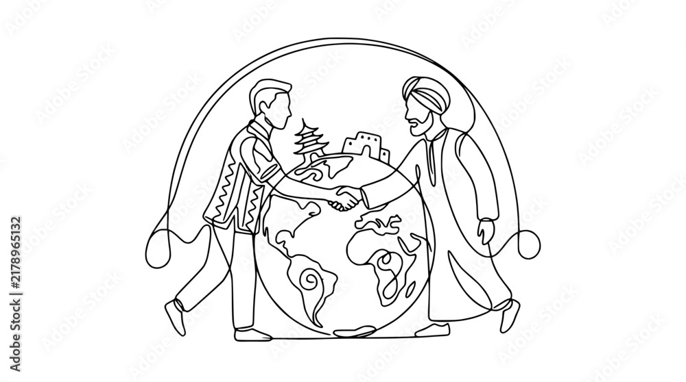 Obraz premium Global Partnership: Diverse Men Shaking Hands Over Earth, Cultural Exchange