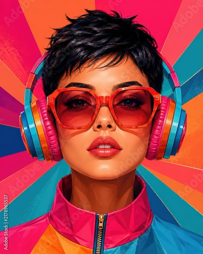 Fashionable Woman with Short Hair, Sunglasses, and Colorful Headphones