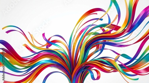 Colorful abstract flowing ribbons on white background with copy space