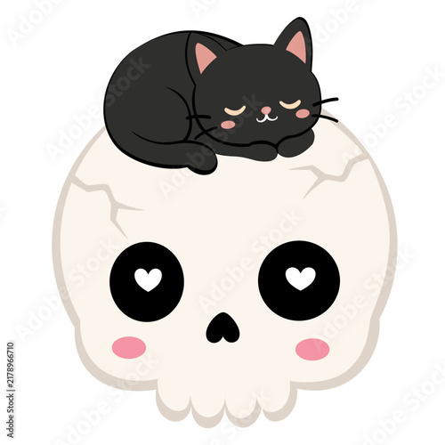     Cute Skull with Sleeping Black Cat