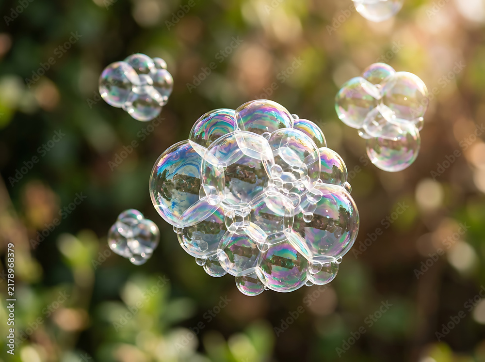Obraz premium Cluster of glistening soap bubbles floating in the air with sunny green foliage background