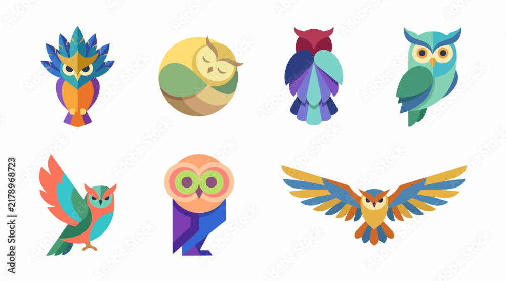 Obraz premium Vibrant colorful owl vector icons collection featuring diverse artistic styles with modern geometric patterns and shapes