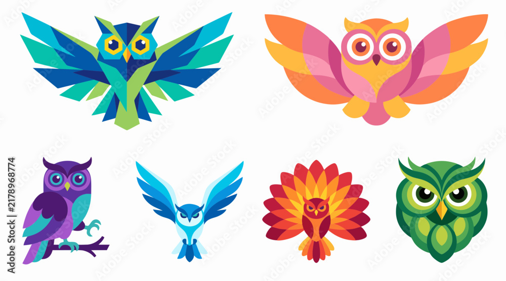 Fototapeta premium Vibrant geometric owl vector illustrations collection featuring colorful abstract bird designs for creative modern branding projects