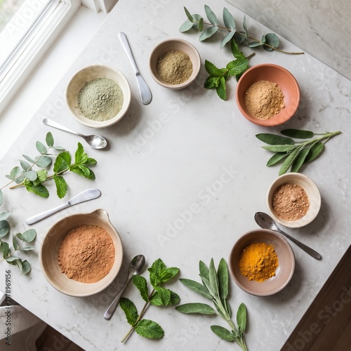 Top down view of colorful natural herbal powders in ceramic bowls with fresh mint and sage leaves on white marble, organic skincare ingredients and holistic wellness concept, flat lay with copy space