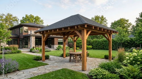 Large timber frame garden gazebo with dark shingle roof stands on stone patio surrounded by lush green lawn and modern house.
