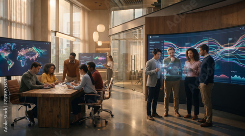 Diverse Team Analyzing Data in Modern Office Environment