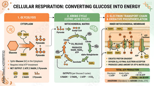 Educational diagram showing the three stages of cellular respiration
