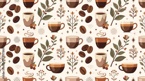Seamless Coffee Pattern with Cups, Beans and Botanical Elements