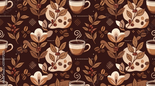 Seamless Coffee Pattern with Cups, Beans and Botanical Elements