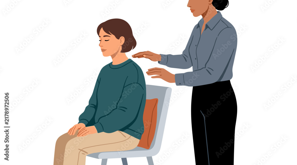 Obraz premium Professional healer performing reiki energy therapy on a relaxed woman sitting in a chair for spiritual wellness