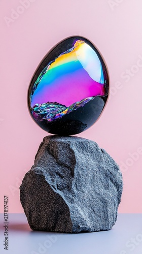 Smooth, iridescent egg balancing on a textured rock against a pastel pink backdrop