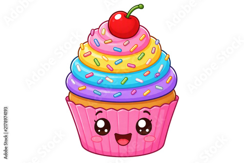 Cute Kawaii Cupcake Illustration Featuring Colorful Rainbow Frosting and Sprinkles for Delightful Dessert Themed Designs