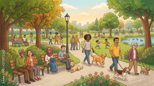 A Serene Park Gathering: Diverse individuals and families enjoy a beautiful sunny day in a lush park, strolling along pathways, relaxing on benches, and playing with their dogs near a tranquil pond.