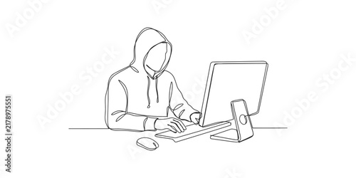 Continuous line drawing of a hacker in a hoodie sitting at a computer desk typing on a keyboard