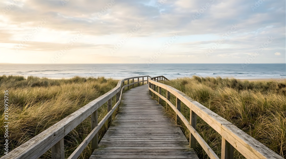 Obraz premium Wooden boardwalk leading through grassy dunes to the ocean beach at sunset