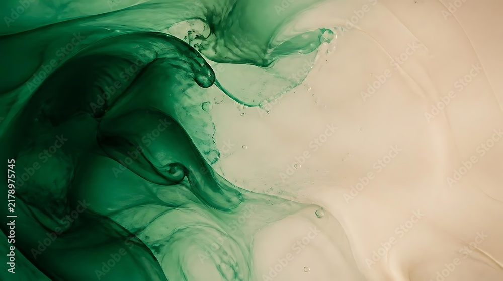 Fototapeta premium Abstract green smoke ink dispersion on beige background.