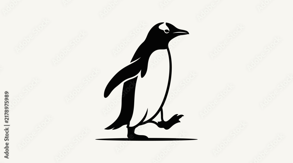 Obraz premium A charming minimalist black and white silhouette of a walking penguin isolated on a clean light background