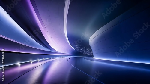 Abstract purple neon tunnel with reflective floor.