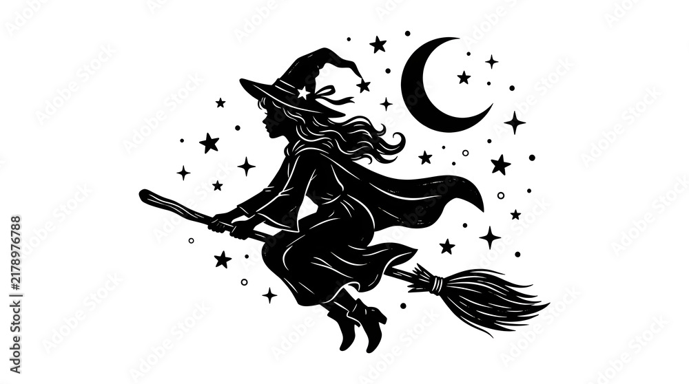 Fototapeta premium Fantasy silhouette of a winged girl with butterfly wings, flying woman icon in magical style, dark vector illustration inspired by mythical creatures, witch, pegasus and Halloween art