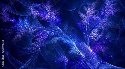 Abstract fractal digital art in deep blue and purple.