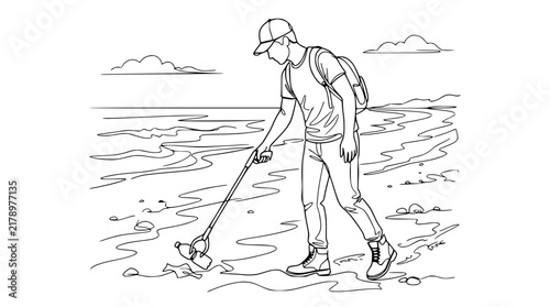 Man picking up plastic bottle on beach, environmental cleanup, line art