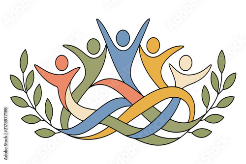 Colorful happy people silhouettes reaching up with green laurel leaf wreath