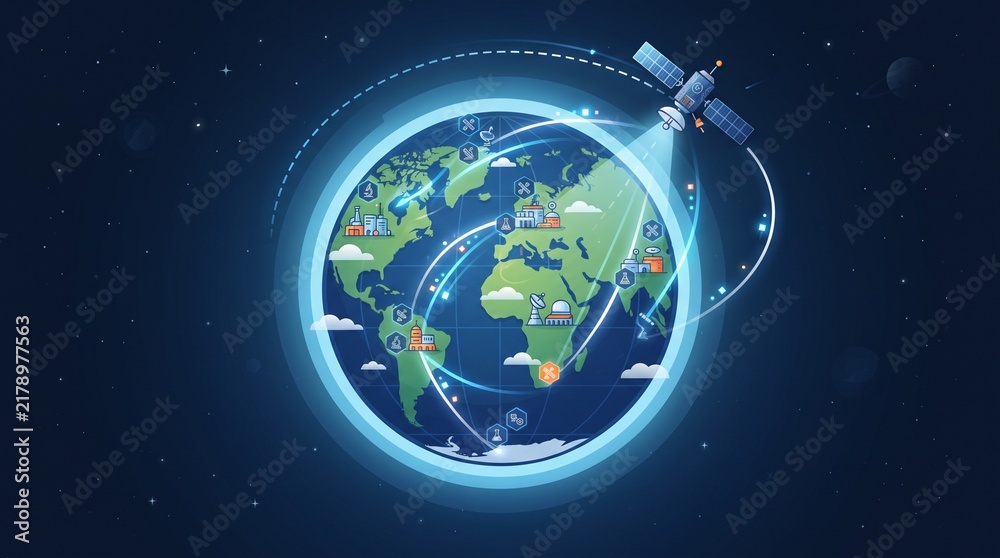 Fototapeta premium Scientific satellite connecting remote research stations around Earth through signal paths, representing global science communication, data exchange and space technology.