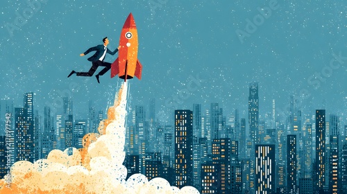 Businessman riding a launching rocket over a modern city skyline, symbolizing business growth and startup success.
