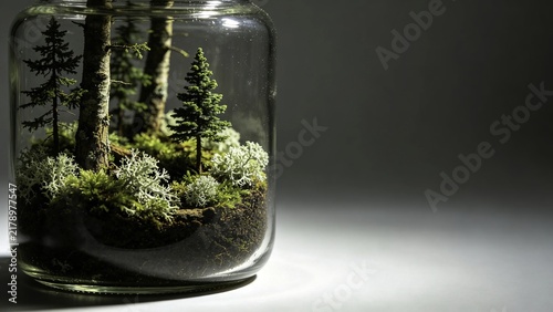 woodland diorama with tiny trees and lichen in transparent j