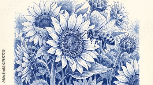 Honey bee pollinating blooming sunflower heads.
