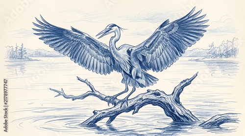 Heron bird with wings spread perched on driftwood branch